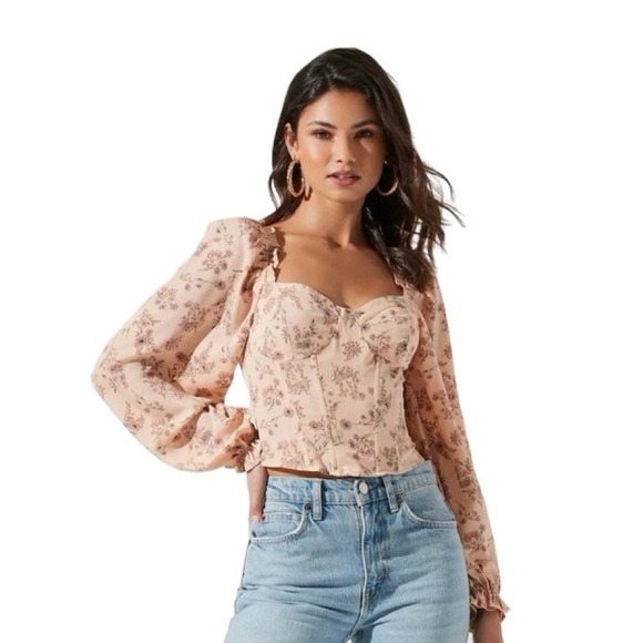 ASTR the Label Floral Sweetheart Neckline Puff Sleeve Corset Blouse – Size Small - Picture 2 of 13